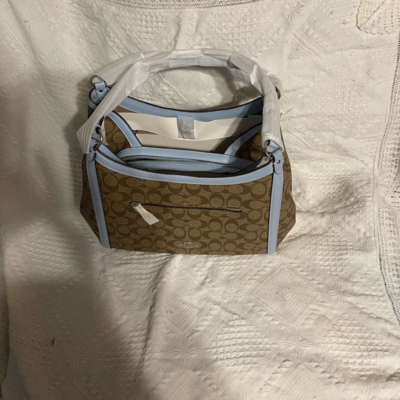 NWT Coach C6232 Kristy Shoulder Bag Tote Hobo Khaki Powder Blue Canvas Leather. - Picture 1 of 3